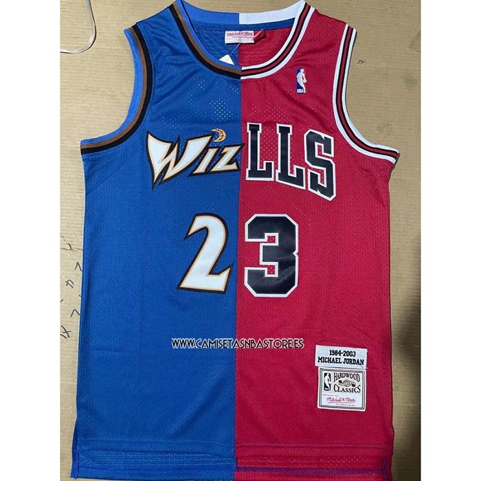 Michael Jordan NO 23 Camiseta Chicago Bulls Washington Wizards Split Azul Rojo